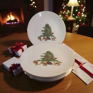 Vintage Holiday Hostess Japan Christmas Plates ,Gold Trim  set of 4